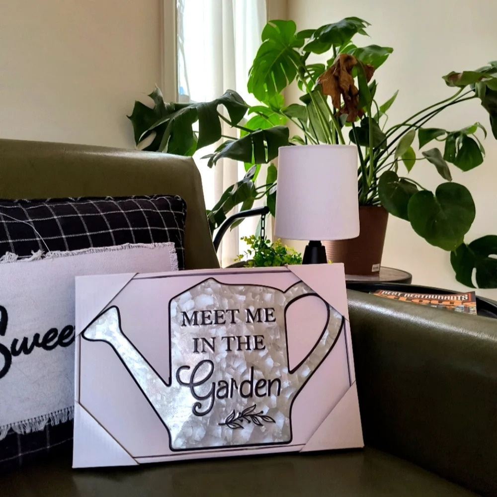 Shiny pink watering can wall sign Meet Me in the Garden home decor